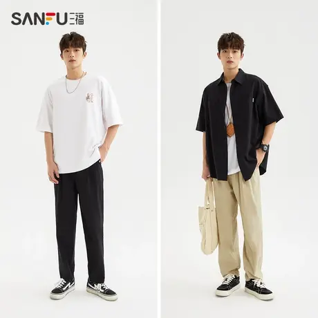 三福直播秒杀夏男士纯色抽绳运动风休闲裤 休闲阔版长裤男468092商品大图