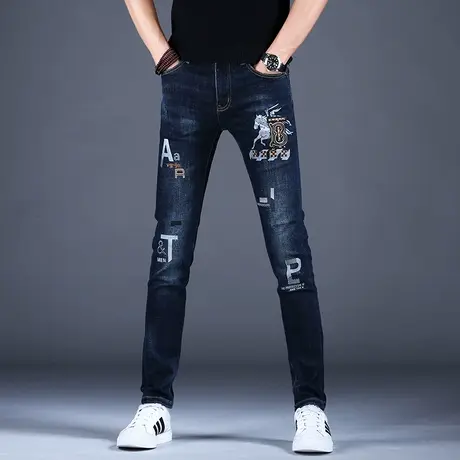 男士高端印花牛仔裤男款百搭2023裤子男修身小脚休闲弹力潮牌夏季商品大图