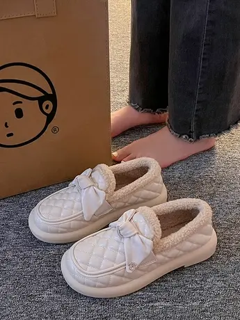 毛毛鞋女冬季外穿2023年新款加绒保暖棉鞋可爱蝴蝶结一脚蹬豆豆鞋商品大图