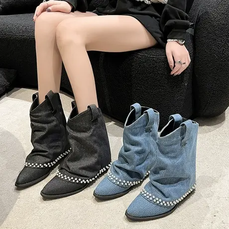 2023秋季尖头拼色褶皱堆堆靴女复古西部牛仔靴粗跟高跟拼色短靴商品大图