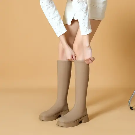 不过膝长靴女2023年冬季新款时尚百搭圆头显瘦长筒靴粗跟高筒靴子商品大图