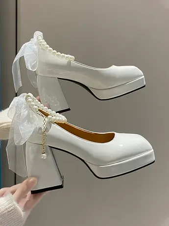 复古玛丽珍女鞋2023新款法式小皮鞋春秋粗跟气质超高跟珍珠单鞋女图片