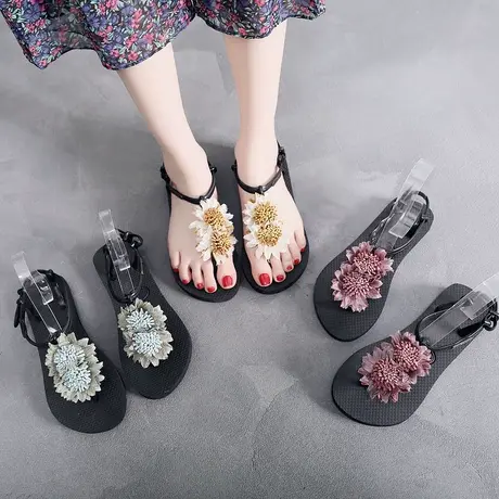 2023新款民族风花朵凉鞋女夏平底韩版百搭防滑时尚海边度假沙滩鞋商品大图