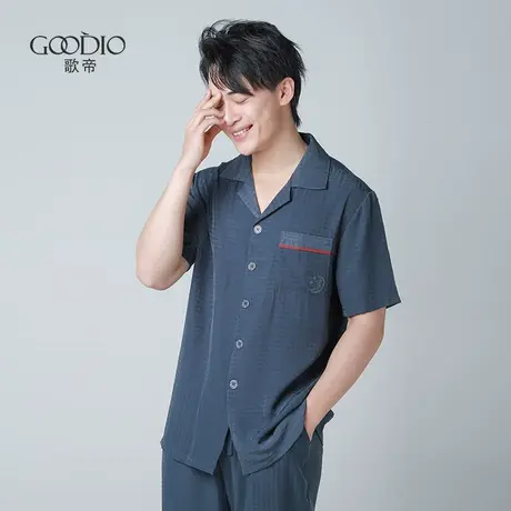 歌帝专柜同款夏季男士翻领家居服短袖长裤宽松冰丝休闲薄款套装图片