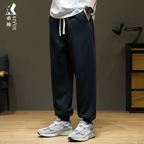 希越美式重磅束脚卫裤男士2024春季新款宽松大码黑色休闲九分裤子图片