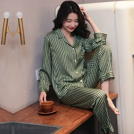 睡衣女套装长袖春秋夏冰丝高级感森林绿竖条纹家居服两件套可外穿图片