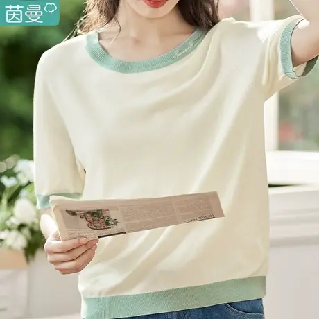 茵曼旗舰店冰丝撞色圆领短袖针织上衣女2023夏季新款宽松休闲小衫图片