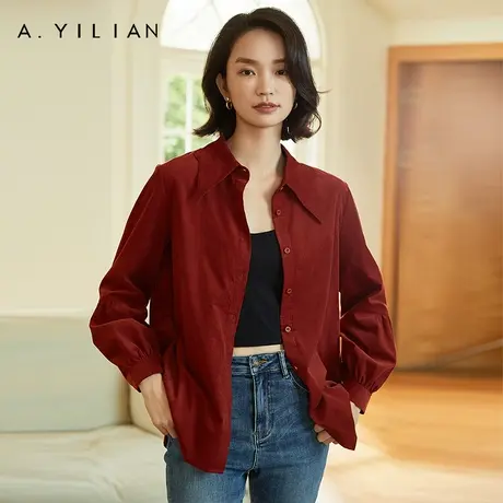 阿依莲灯芯绒纯色衬衫春秋装2023年新款女士灯笼袖法式设计感上衣图片