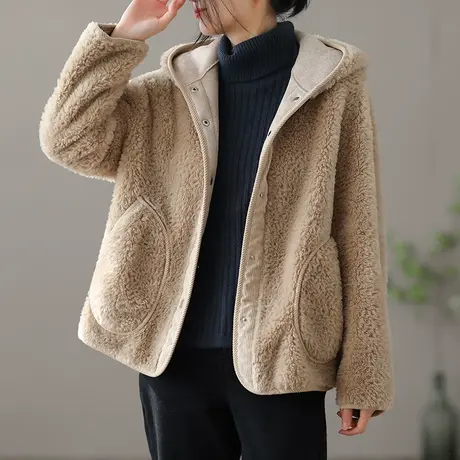 dza 文艺复古连帽短款羊羔绒外套女士2022新款冬季加厚加绒羊羔毛图片