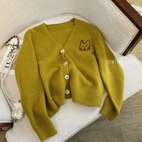 春秋季V领针织开衫女2023年新款刺绣设计感收腰显瘦漂亮套头小衫商品大图