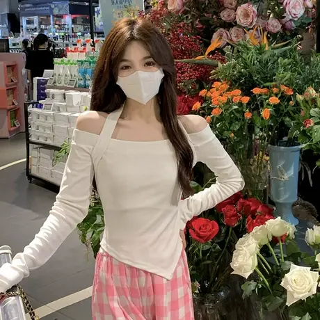 一字肩挂脖T恤女2023早秋季新款辣妹白色内搭短款打底衫长袖上衣商品大图