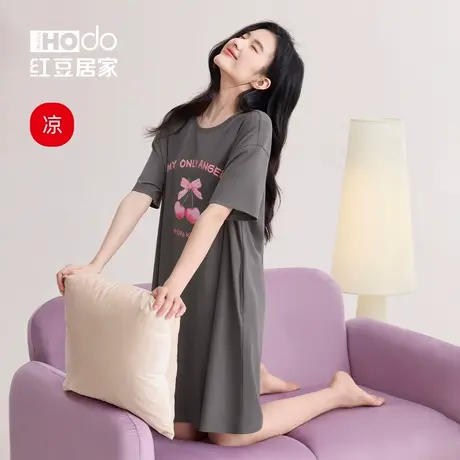 红豆【凉凉衣】女士凉感棉睡裙夏季薄款短袖空调服套头中长款睡衣图片