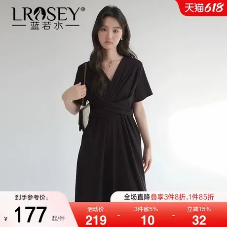 【高弹力针织V领连衣裙】蓝若水大码2025夏装新款气质显瘦小黑裙商品大图