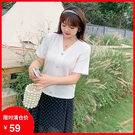 2023年夏季新款V领单排扣纯色针织弹力T恤宽松显瘦大码胖MM上衣女图片