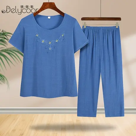 妈妈夏装新款棉绸短袖套装中老年女装奶奶老太太夏天居家服可外穿商品大图