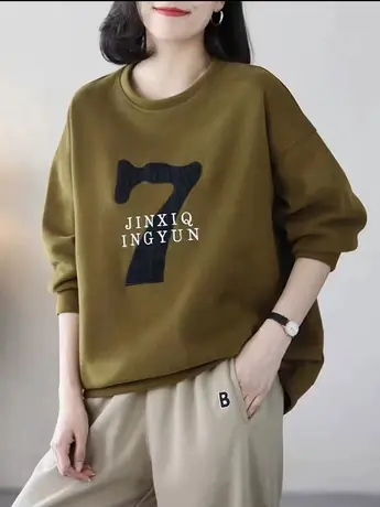 2023秋季新款大码宽松印花长袖卫衣女显瘦撞色立体数字减龄上衣潮商品大图