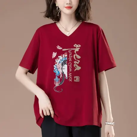 短袖T恤女夏季新款宽松加肥大码女装中年妈妈印花纯棉V领显瘦上衣商品大图
