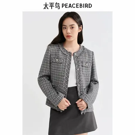 太平鸟灰色格子粗花呢小香风外套女24秋装新款四口袋显瘦夹克女图片