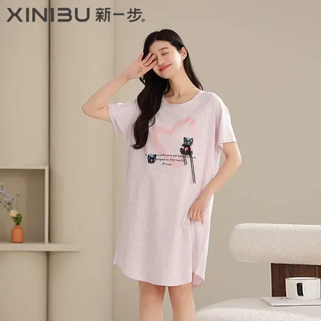 新一步短袖睡裙女中长款宽松薄款印花妈妈款减龄睡衣家居裙可外出商品大图