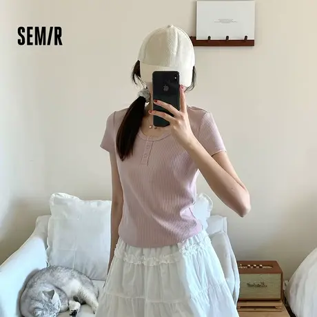 森马短袖T恤女短款小性感亨利领气质2025夏新款纯色修身上衣百搭图片