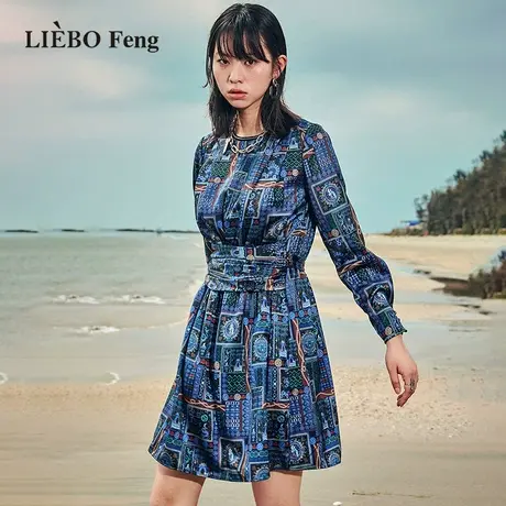 裂帛LIEBOFeng原创复古印花腰封设计显瘦收腰A字长袖雪纺连衣裙图片