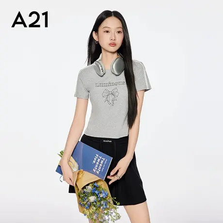 A21女装字母蝴蝶结印花圆领T恤2025夏季新款简约薄上衣F452231070图片