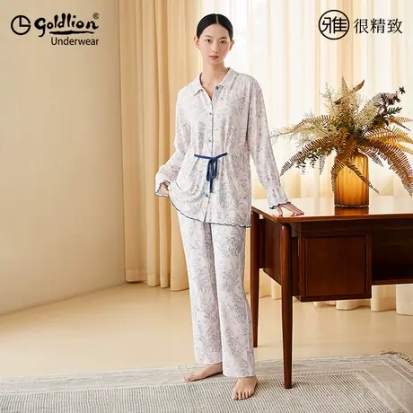 金利来法式睡衣女款春秋莫代尔家居服长袖长裤印花翻领可外穿套装商品大图