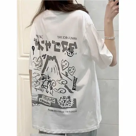 潮流纯棉重磅日系卡通印花t恤上衣情侣装夏季百搭bf风短袖半袖女商品大图