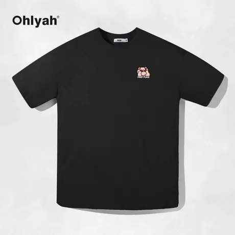 Ohlyah设计师原创卡通品牌夏季美式可爱小猪胸花男女大码短袖T恤图片