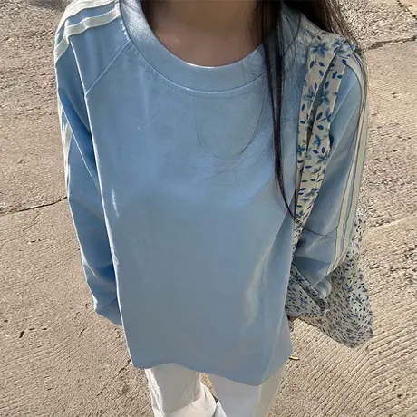 条纹圆领长袖T恤女2025春秋季新款宽松韩版打底衫内搭可外穿上衣商品大图