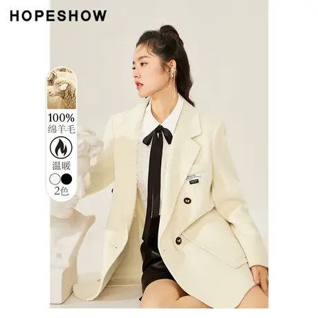 红袖outlets双排扣西装领垫肩外套hopeshow冬季新款双面呢大衣商品大图