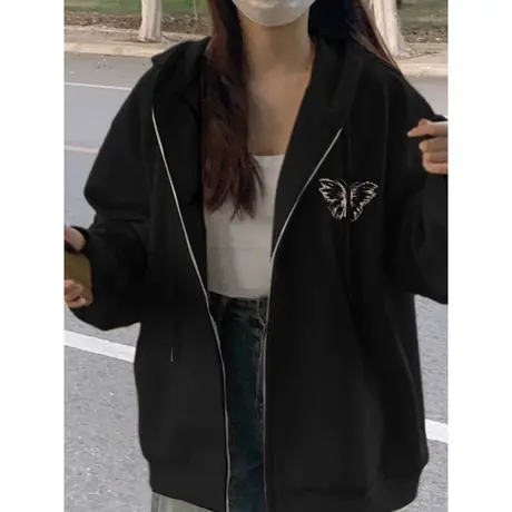 黑色薄款连帽卫衣女春秋季百搭宽松设计感小众拉链开衫上衣外套潮商品大图