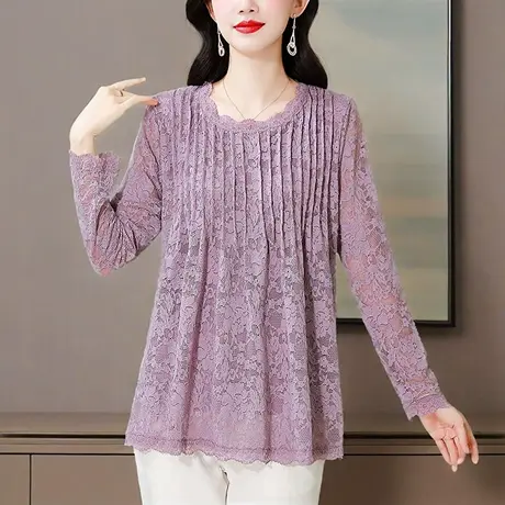 蕾丝打底衫女2025新款春秋洋气高贵小衫妈妈遮肚子别致漂亮上衣商品大图