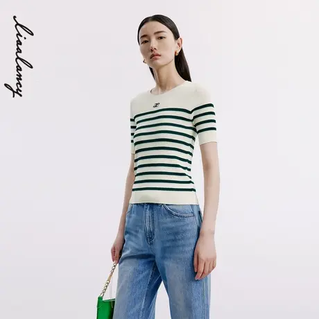 LANCY/朗姿2024秋季新款黑白条纹短袖针织衫女法式修身百搭套头衫商品大图