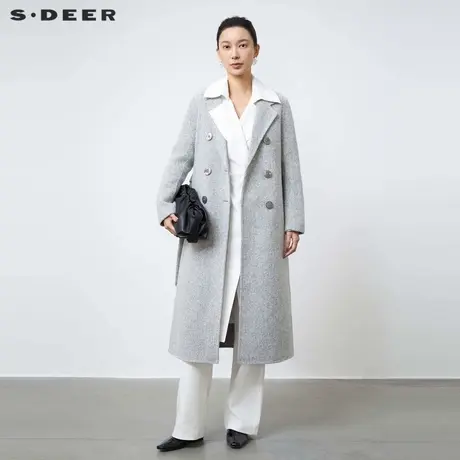 sdeer圣迪奥冬季女装OL风西装领收腰双面呢长款大衣S24482509商品大图
