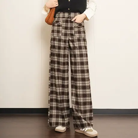 格子阔腿裤女2025秋季新款复古松弛感高腰宽松显瘦休闲长裤大脚裤商品大图