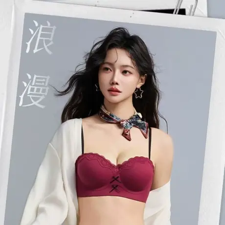 奥丽侬本命年红色无钢圈聚拢内衣小胸显大收副乳加厚性感蕾丝文胸商品大图