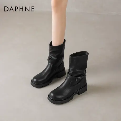 达芙妮黑色短靴女款2026新款冬季加绒堆堆靴机车骑士靴厚底马丁靴图片