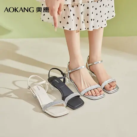 奥康 女鞋2025夏季凉鞋时尚一字带气质水钻约会水晶粗跟凉拖图片