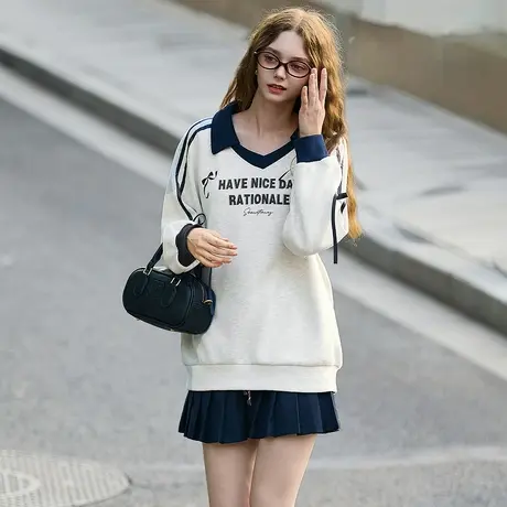 唐狮秋季新款卫衣女撞色翻领印花设计感蝴蝶结宽松套头上衣TM图片