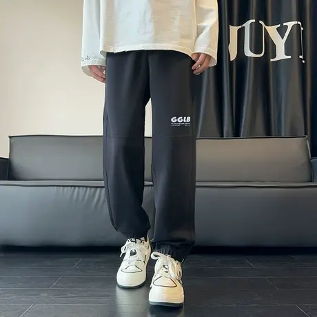 唐狮秋冬新款男休闲束脚裤宽松直筒裤子潮流字母拼接运动长裤男TE图片