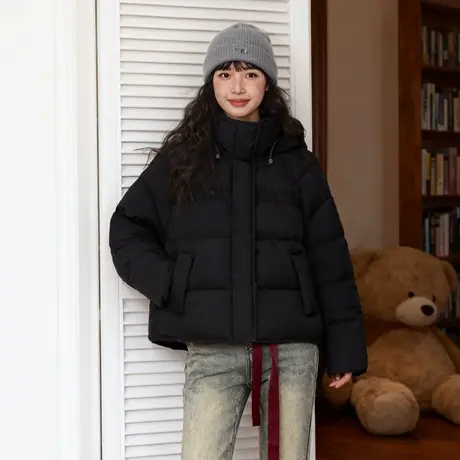 唐狮女款立领连帽羽绒服2026冬季新款短款时尚女生外套日常保暖VB商品大图