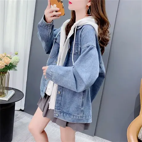 假两件卫衣拼接牛仔外套女秋季2023新款宽松洋气复古百搭夹克上衣图片