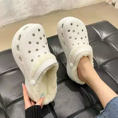 韩版夏天ins风可爱毛绒绒棉拖洞洞鞋外穿保暖时尚平底包头凉拖女商品大图