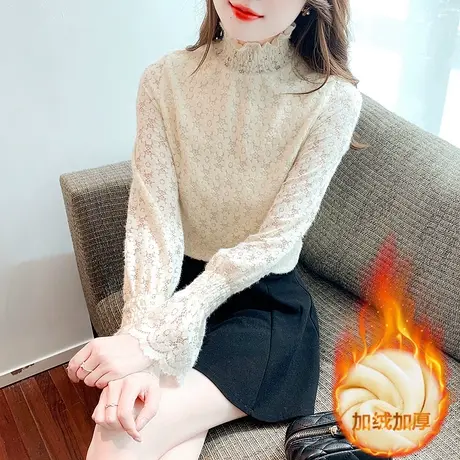 加绒蕾丝打底衫女2023冬季新款洋气保暖内搭高领漂亮年轻女士小衫商品大图