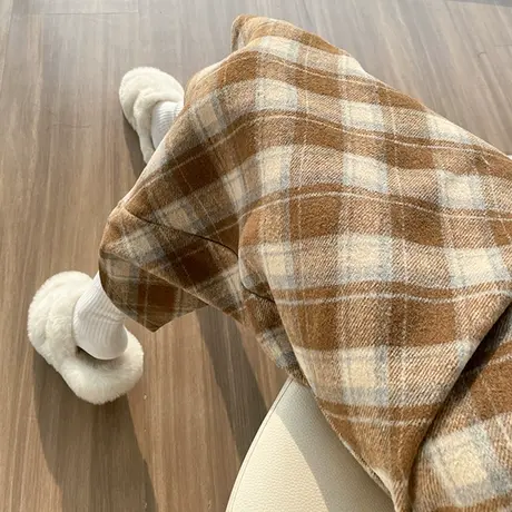 港风复古格子毛呢半身裙女高腰显瘦a字中长款加厚直筒开叉包臀裙图片