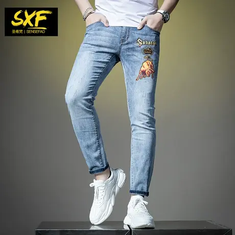 SXF圣希梵2021新款牛仔裤男 欧美潮流印花烫钻修身男士休闲长裤子图片