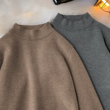 一体绒毛衣男半高领打底衫秋冬季保暖针织衫线衣加绒加厚中领毛衫图片