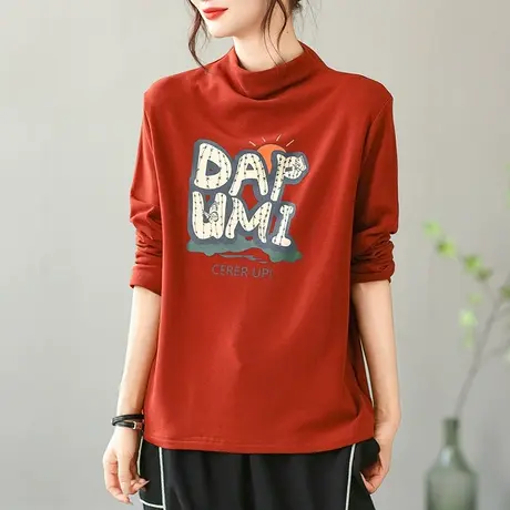dza复古纯棉字母长袖上衣女秋冬内搭薄绒T恤宽松漂亮高领打底衫女商品大图