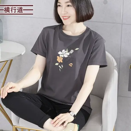 短袖t恤女季夏圆领印花 宽松胖MM中年妈妈半袖打底大码上衣夏款女商品大图